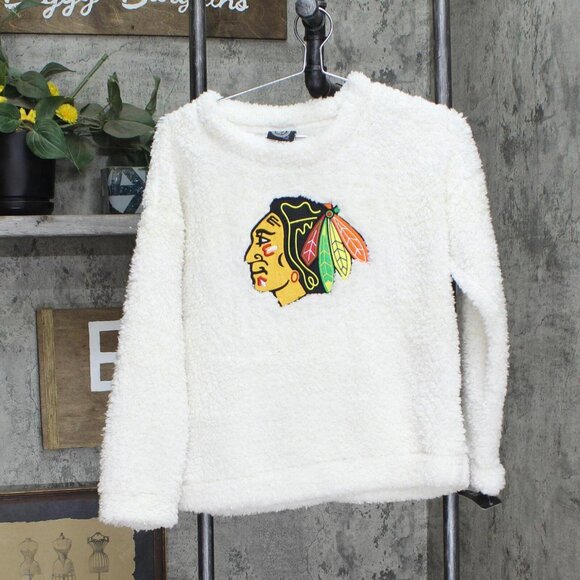 NWT NHL Blackhawks Girls Crew Neck Poly Gold Lurex Sweatshirt White Gold L - Picture 1 of 4